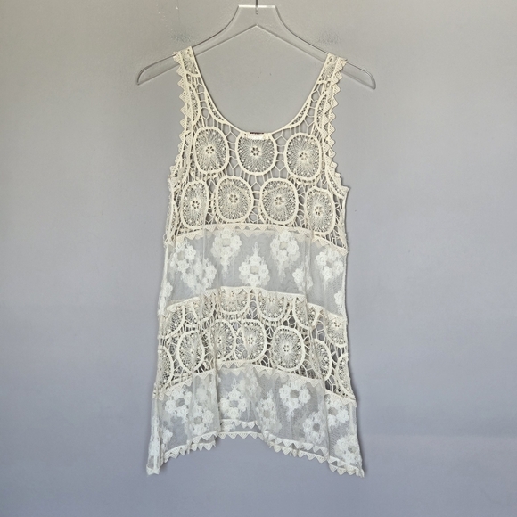Miss Kelly 1999 Boho Cream Crochet Lace Sleeveless Tunic Swim Cover Up Top - Picture 4 of 7